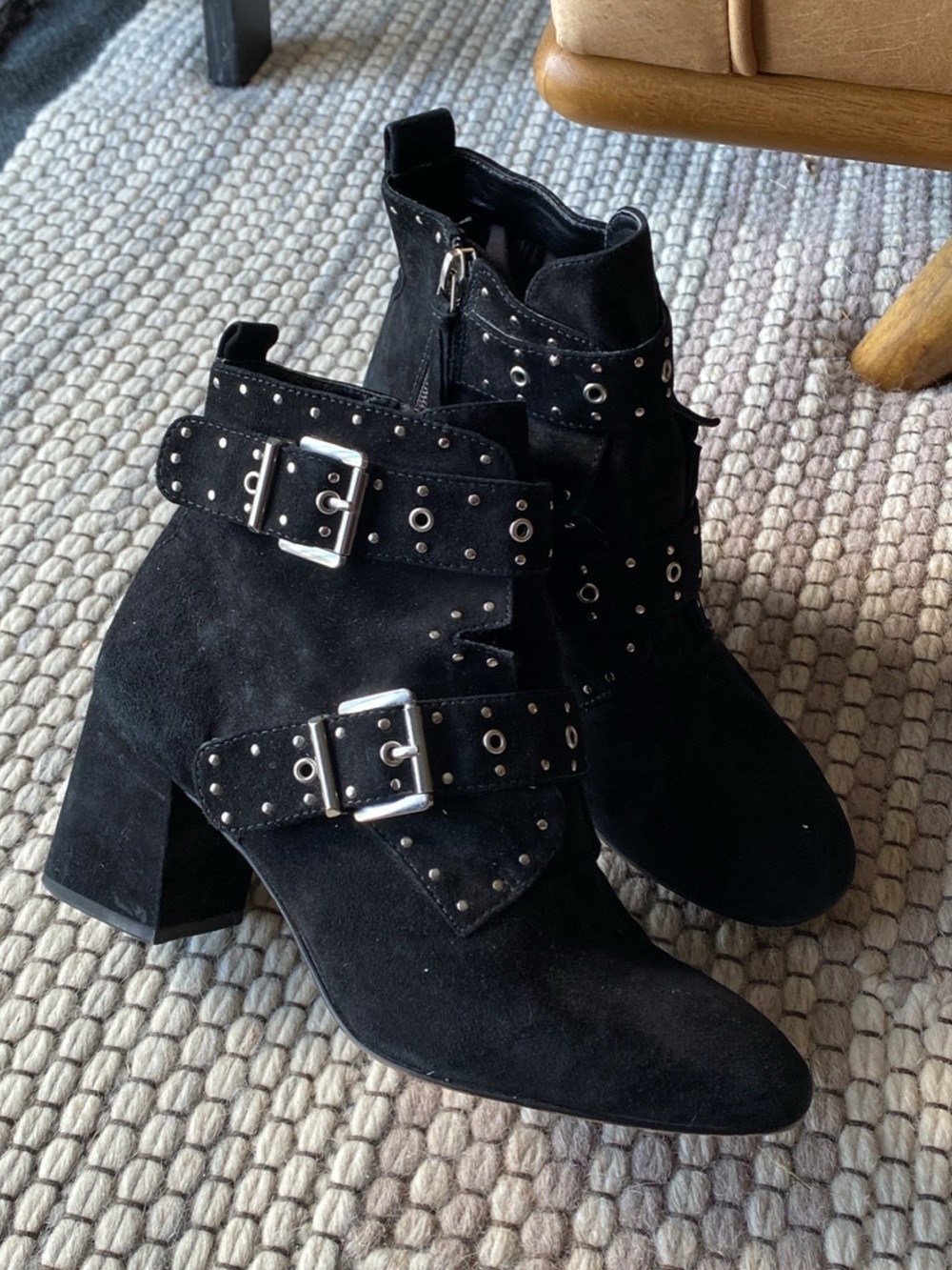 Rebecca Minkoff Black Suede Logan Studded Block Heel Booties size 7.5